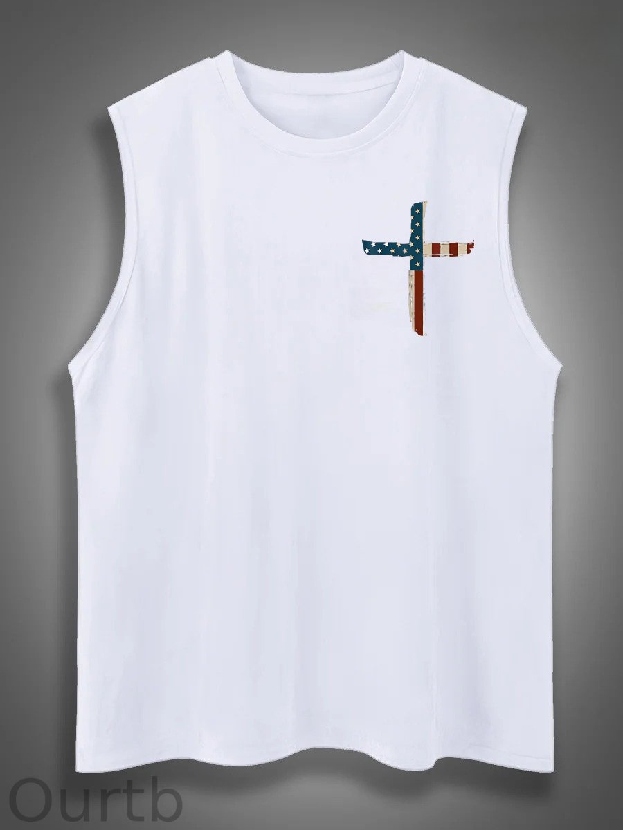 Stand For The Flag Kneel For The Cross 4th Of July Print Cotton Sleeveless Tank Tops