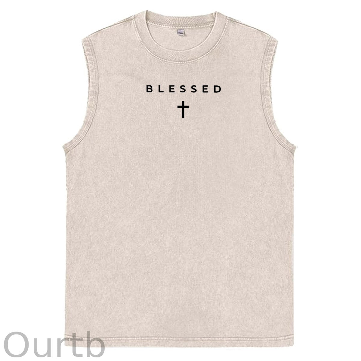 Cross Blessed Print Washed Cotton Sleeveless Tank Tops