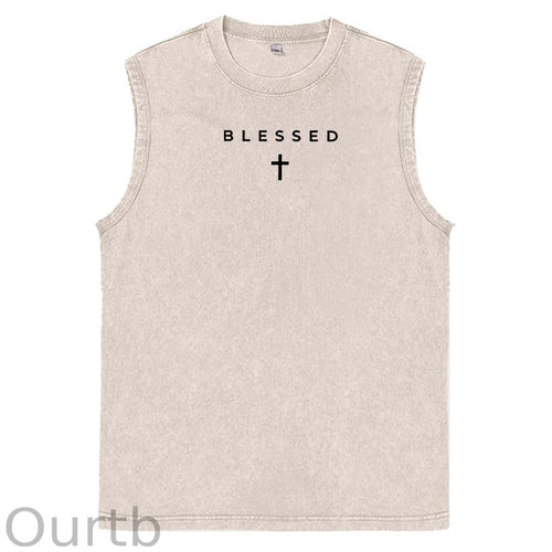 Cross Blessed Print Washed Cotton Sleeveless Tank Tops