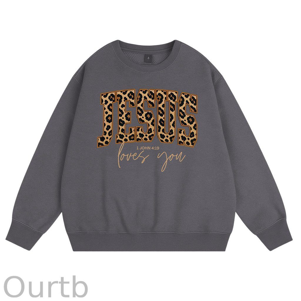 Christian Jesus Love You Leopard Print Cotton Fleece Sweatshirt