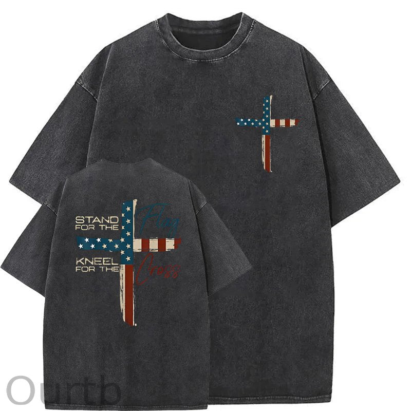 Stand For The Flag Kneel For The Cross 4th Of July Washed T-Shirt