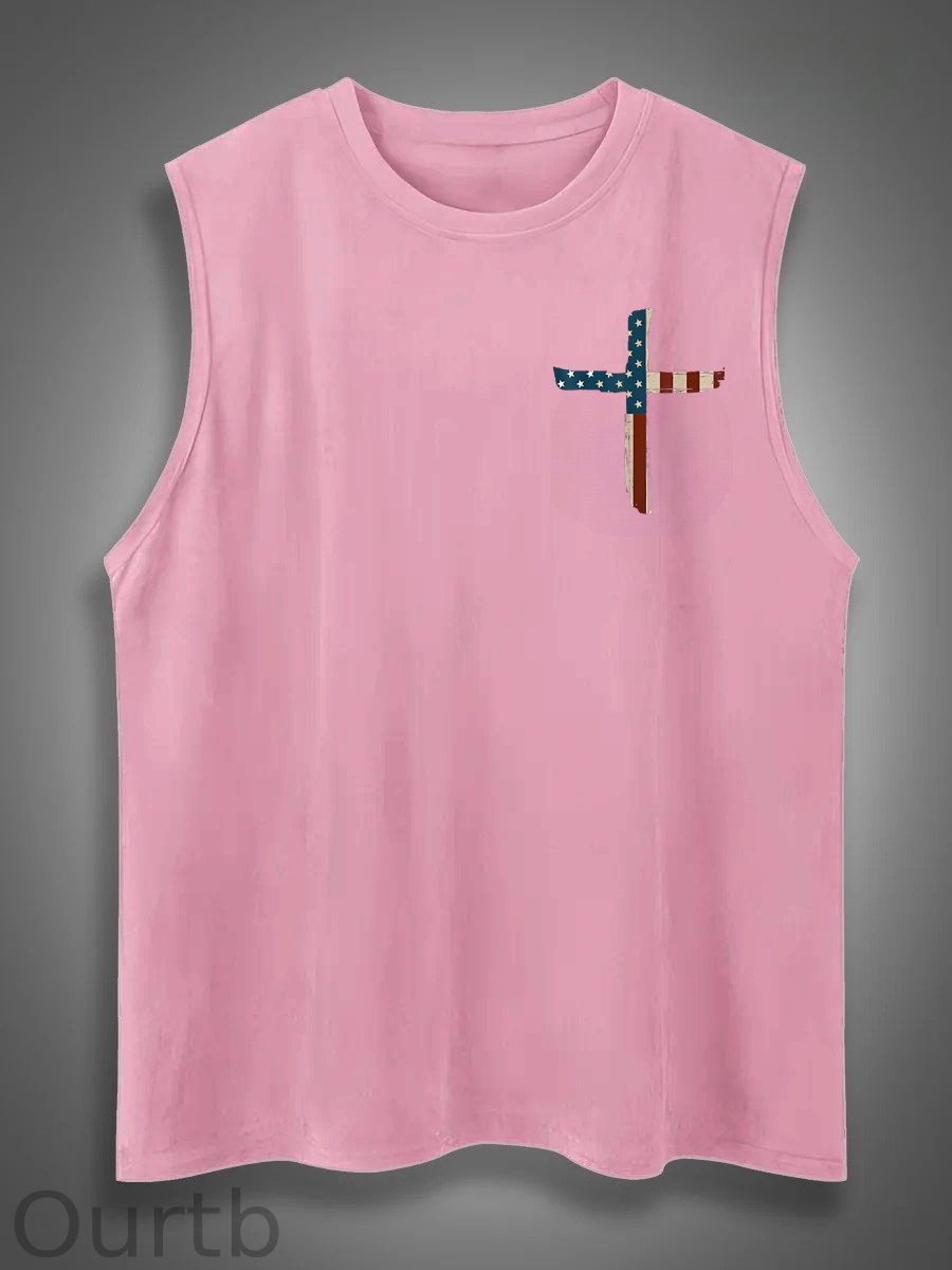 Stand For The Flag Kneel For The Cross 4th Of July Print Cotton Sleeveless Tank Tops