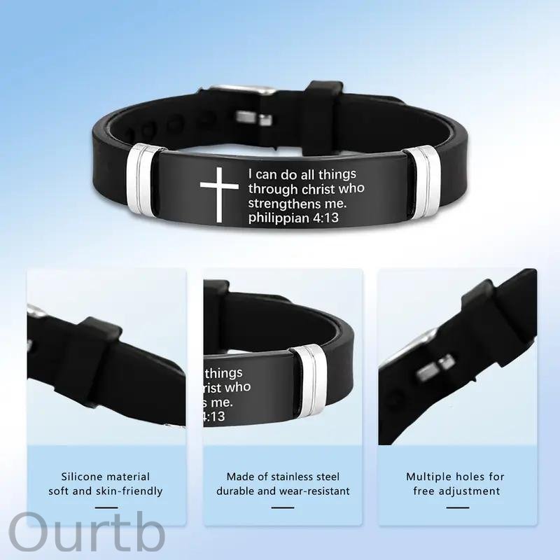 Cross Bracelet Inspirational Bible Quotes Faith Christian Silicone ID Wristband Religious Gift Men and Women Stainless Steel Rubber Adjustable Bracelet