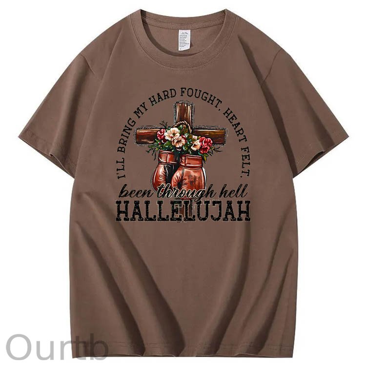 Been Through Hell HALLELUJAH Pattern Print Crew Neck T-Shirt