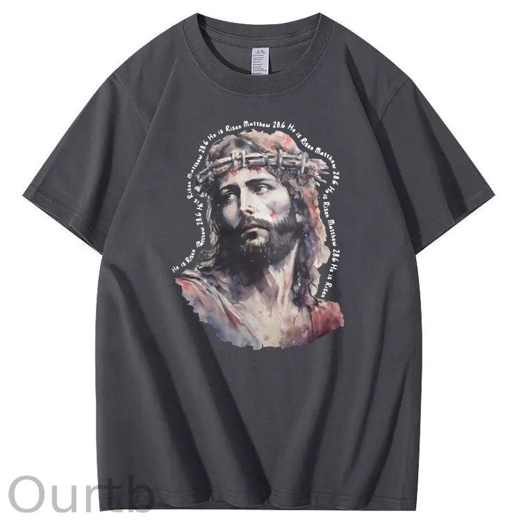 Watercolor Jesus Pattern Print Crew Neck T-Shirt
