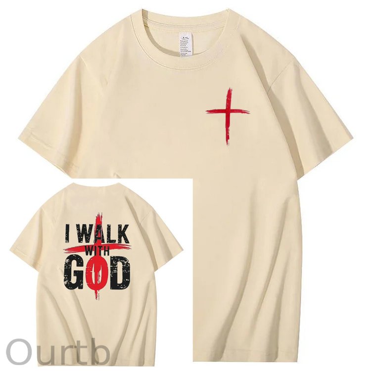 I Walk With God Pattern Printing Print Crew Neck T-Shirt