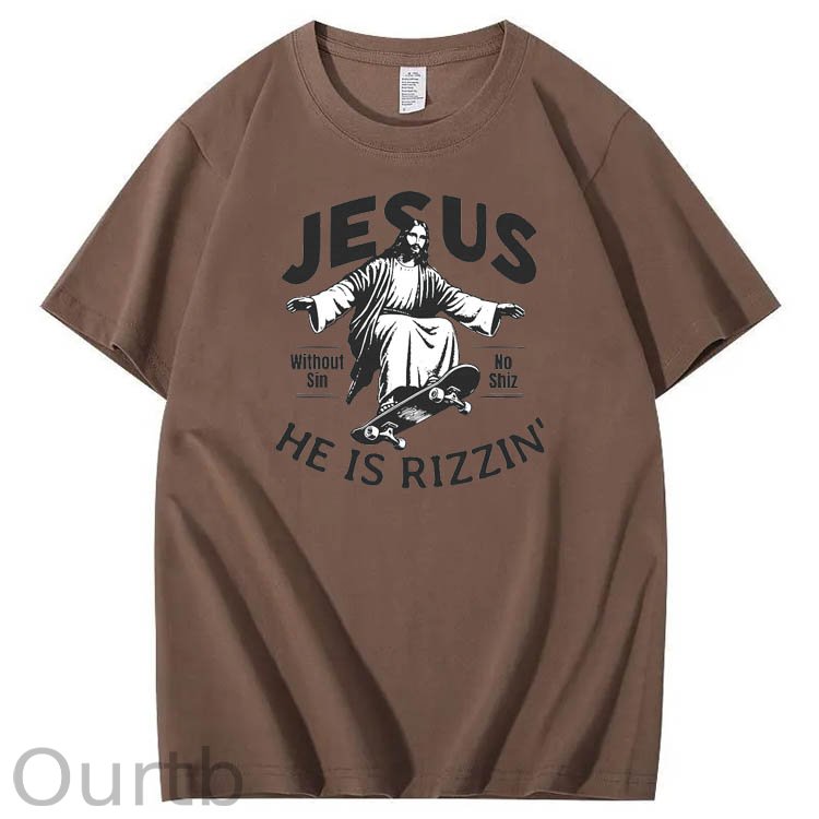 Jesus He is Rizzin' Funny Pattern Print Crew Neck T-Shirt