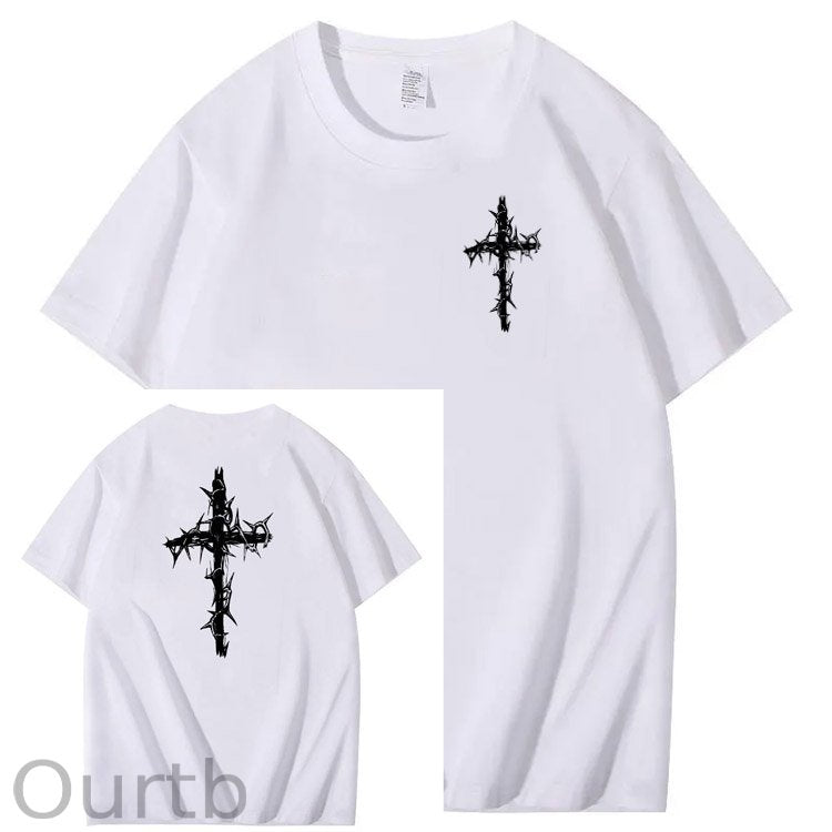 Nails Cross Pattern Print Crew Neck T-Shirt