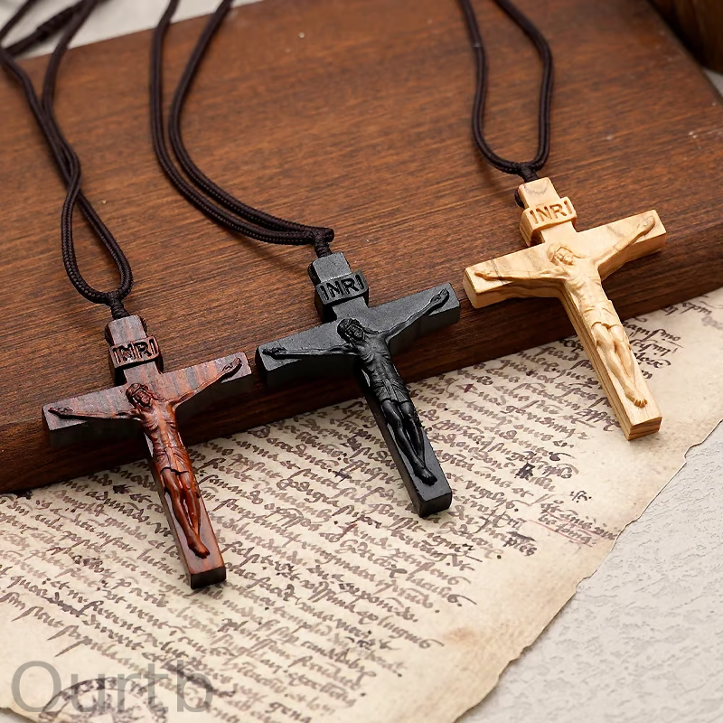 Jesus On The Cross Wooden Necklace