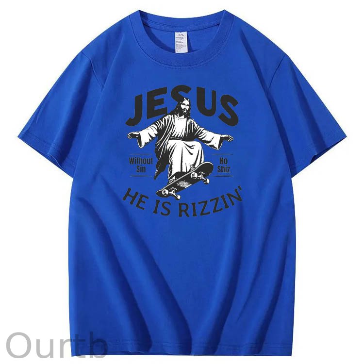 Jesus He is Rizzin' Funny Pattern Print Crew Neck T-Shirt
