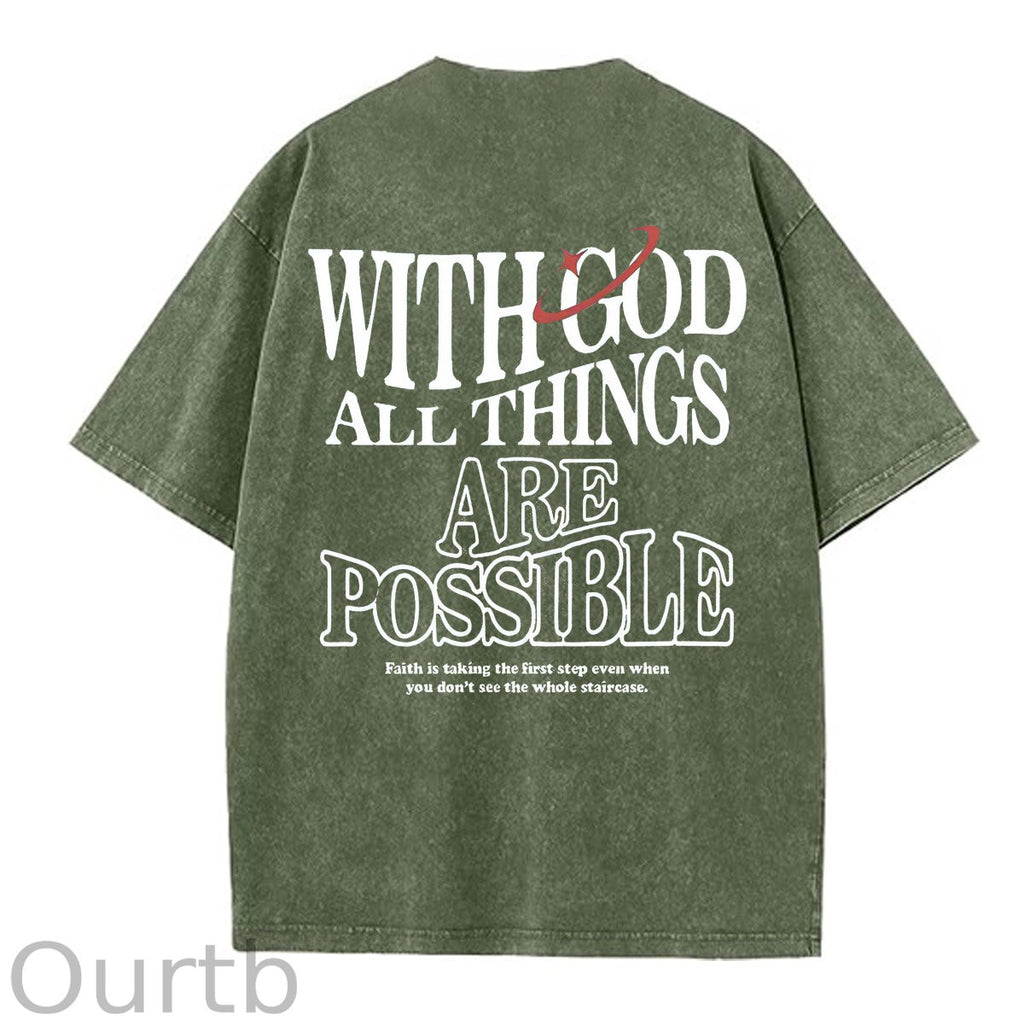 White God All Things Are Possible  Washed And Distressed Pattern Crew Neck T-Shirt