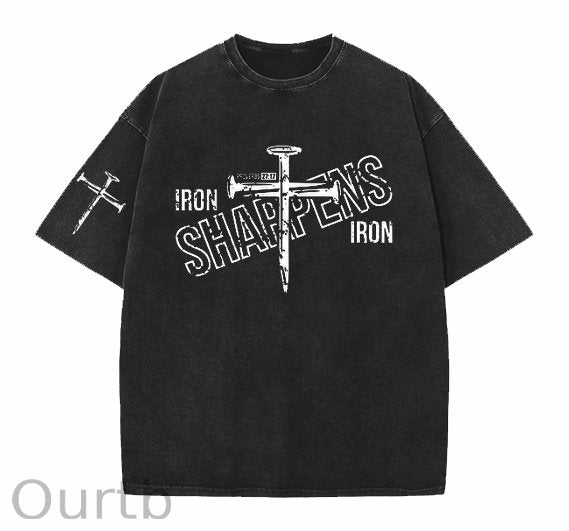 Iron Shappens Cross Easter Jesus Christ  faith And God Washed And Distressed Craft Pint Pattern Crew Neck T-Shirt