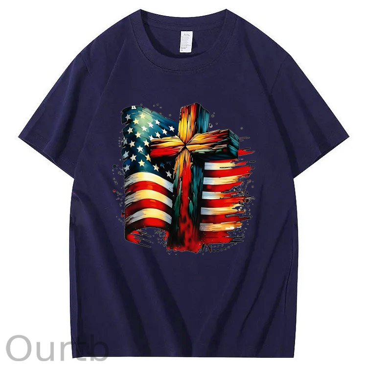 American Flag And Cross Pattern Print 100%Cotton T-Shirt