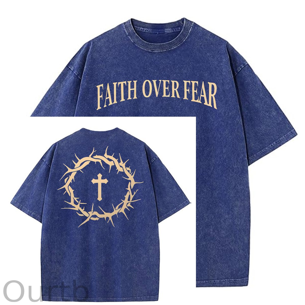 Faith Over Fear  Pattern Washing And Aging Process Crew Neck T-Shirt