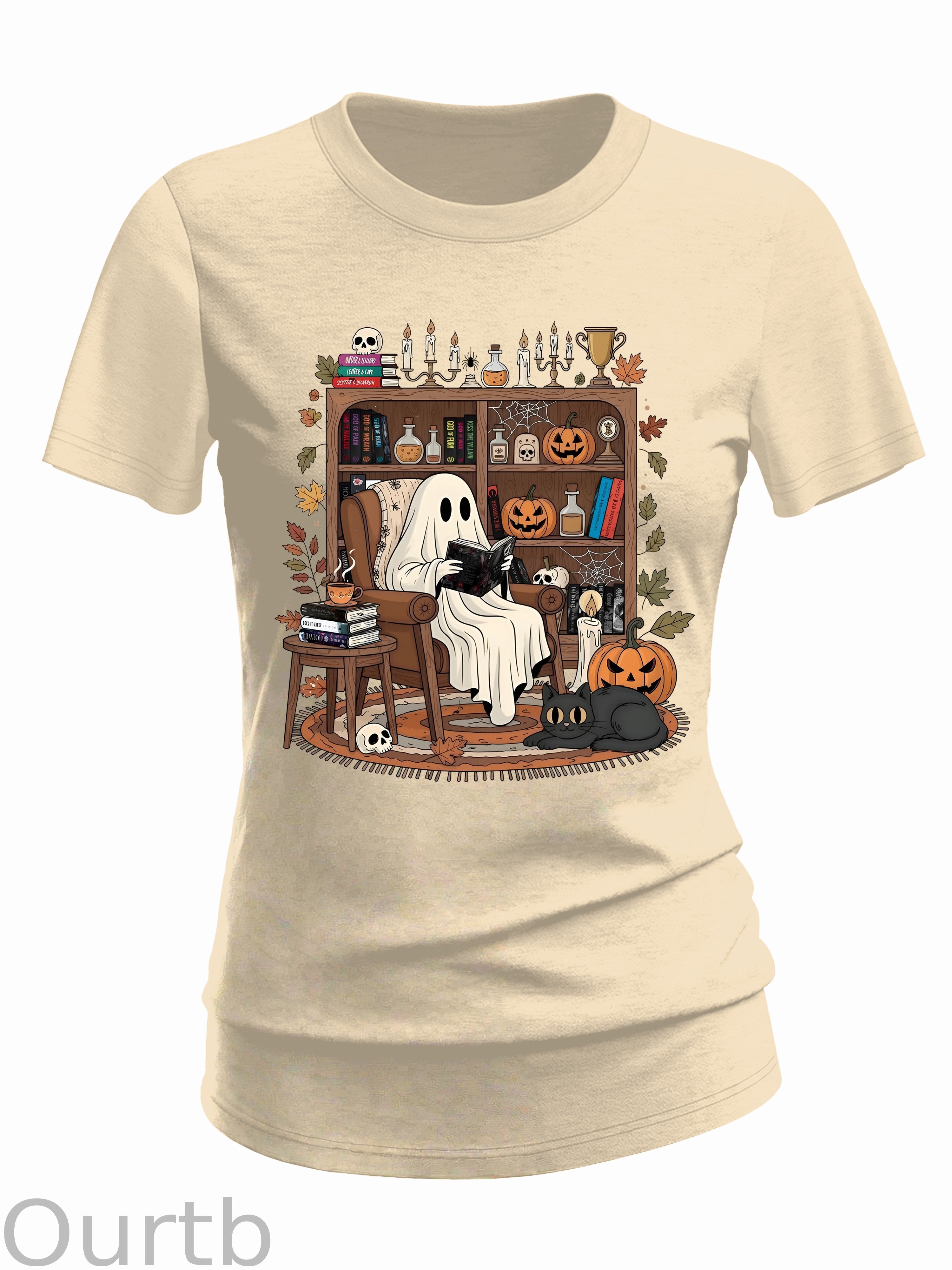Women's Retro Cozy Ghost Reading Halloween 100% Cotton T-Shirt