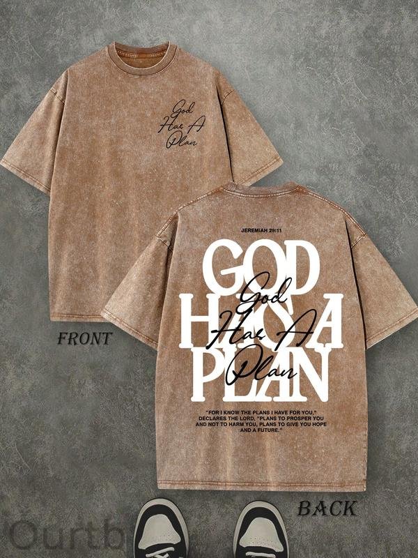 Retro Washed T-Shirt Double Sided Printed 'GOD HAS A PLAN' Letter Print Men's Casual ComfortableFashionable Street Style Cotton
