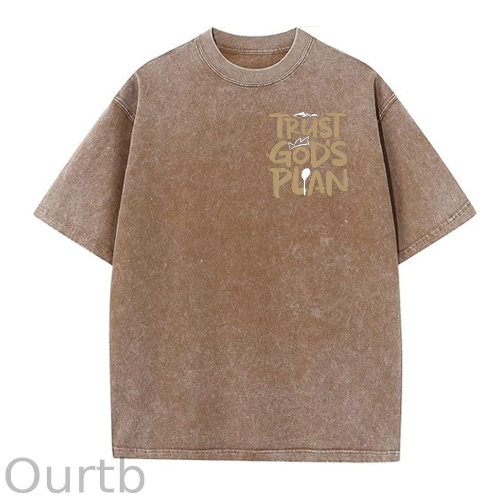 Trust God's Plan Pattern Washing And Aging Process Crew Neck T-Shirt
