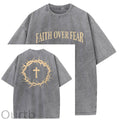Faith Over Fear  Pattern Washing And Aging Process Crew Neck T-Shirt