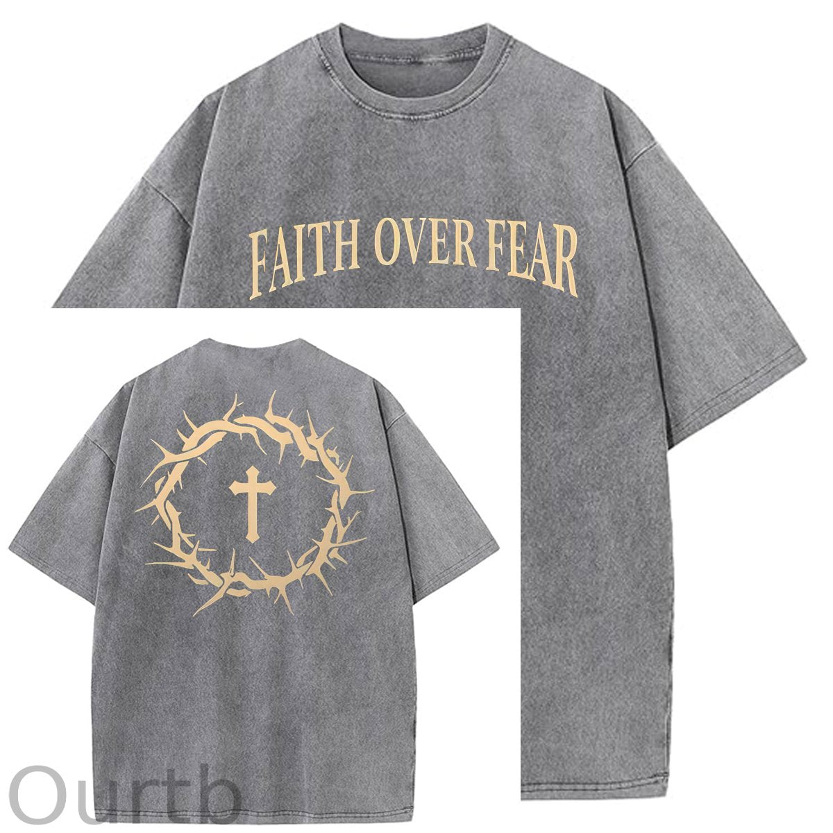 Faith Over Fear  Pattern Washing And Aging Process Crew Neck T-Shirt