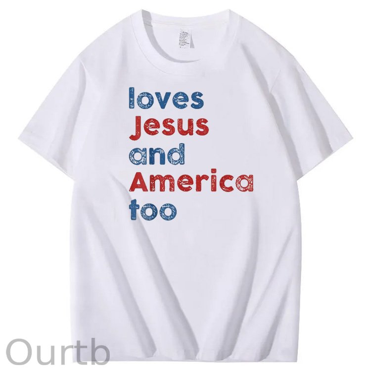 Loves Jesus and America Too Print Pattern Crew Neck T-Shirt