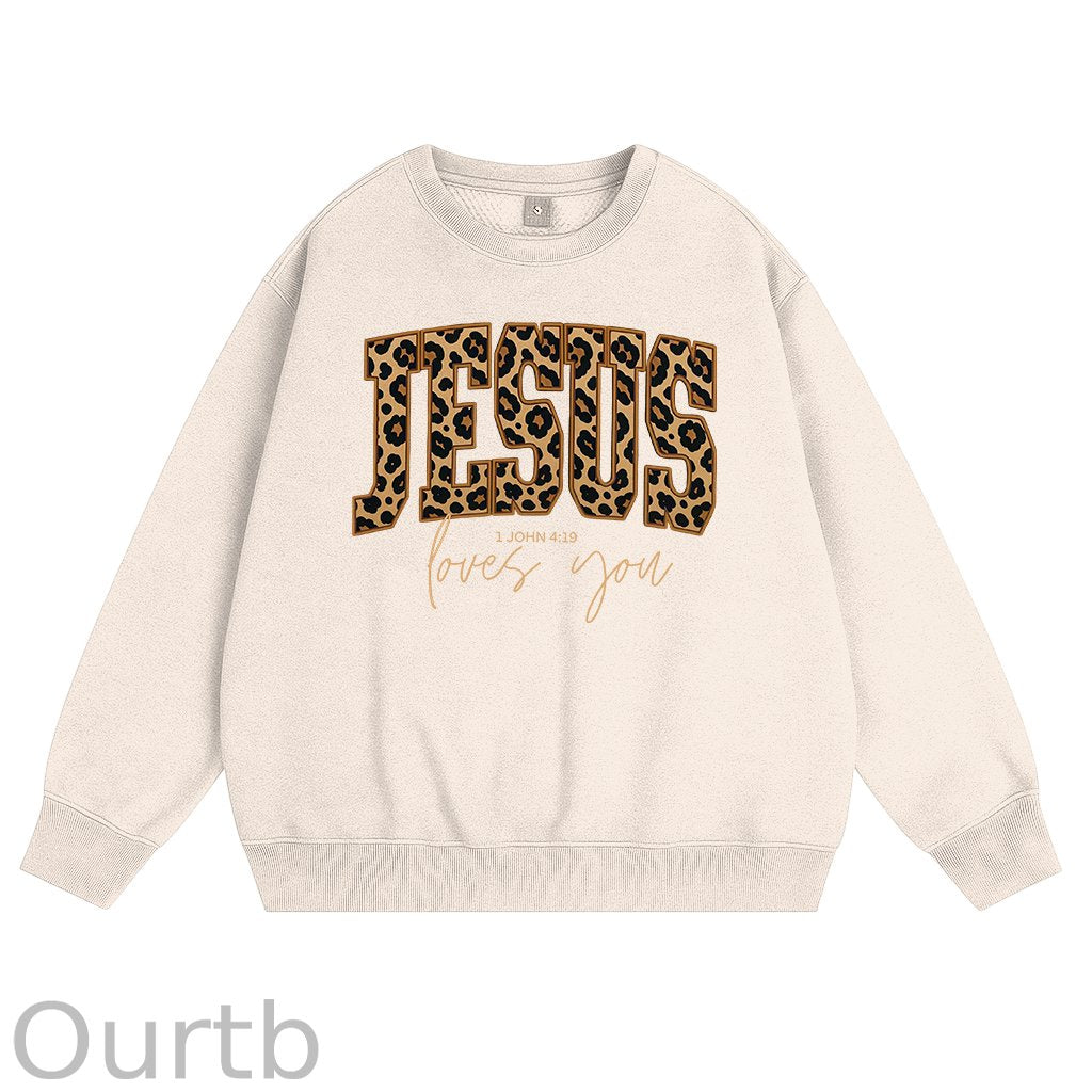 Christian Jesus Love You Leopard Print Cotton Fleece Sweatshirt