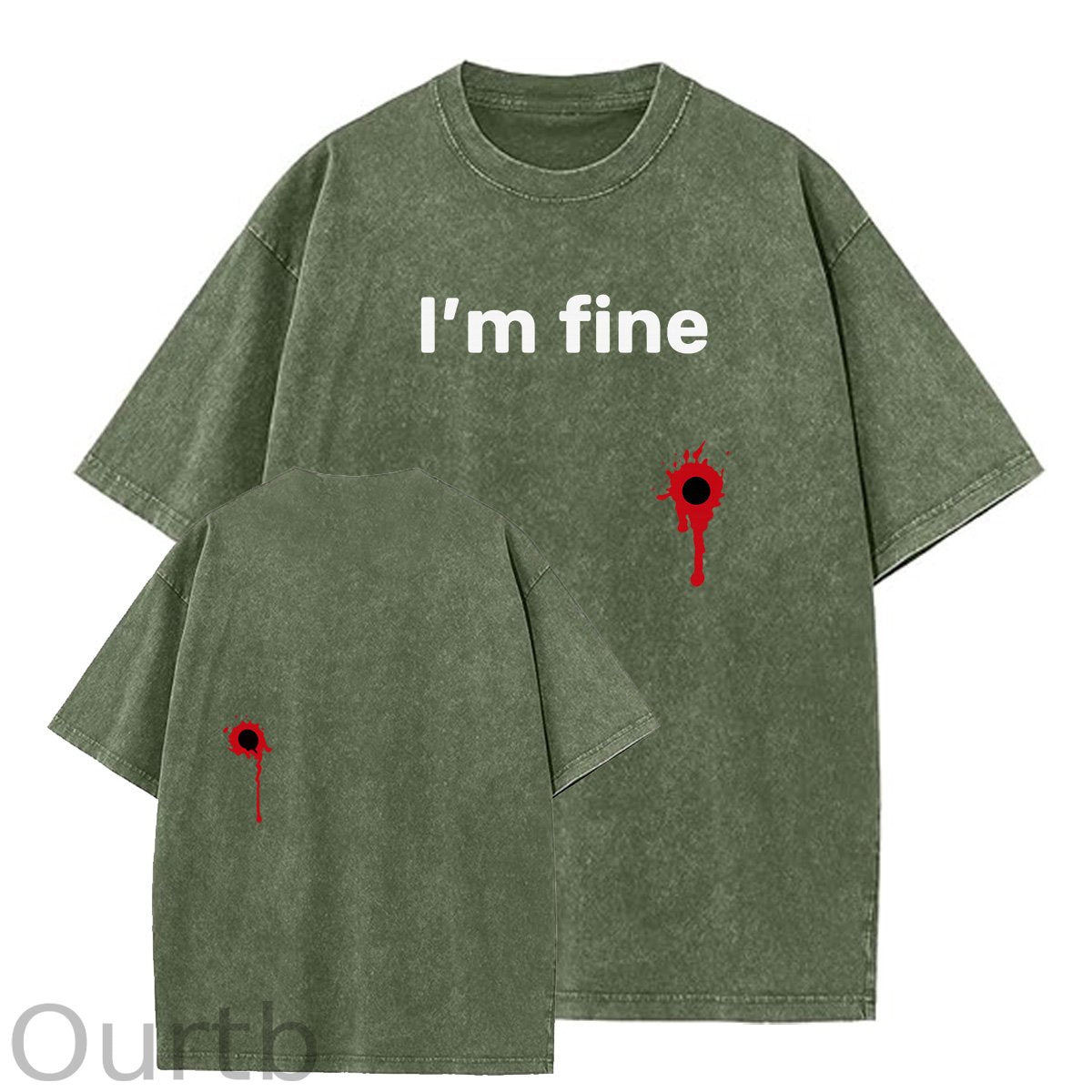 I'm Fine Pattern Washing And Aging Process Crew Neck T-Shirt