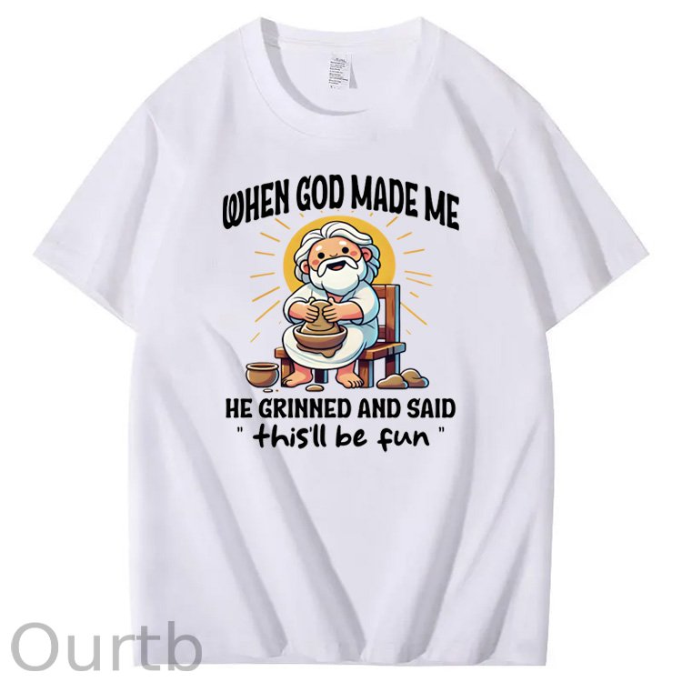 When God Made Me He Grinned And Said This'll  Be Fun Jesus Making Ceramics Pattern  Print 100%Cotton T-Shirt