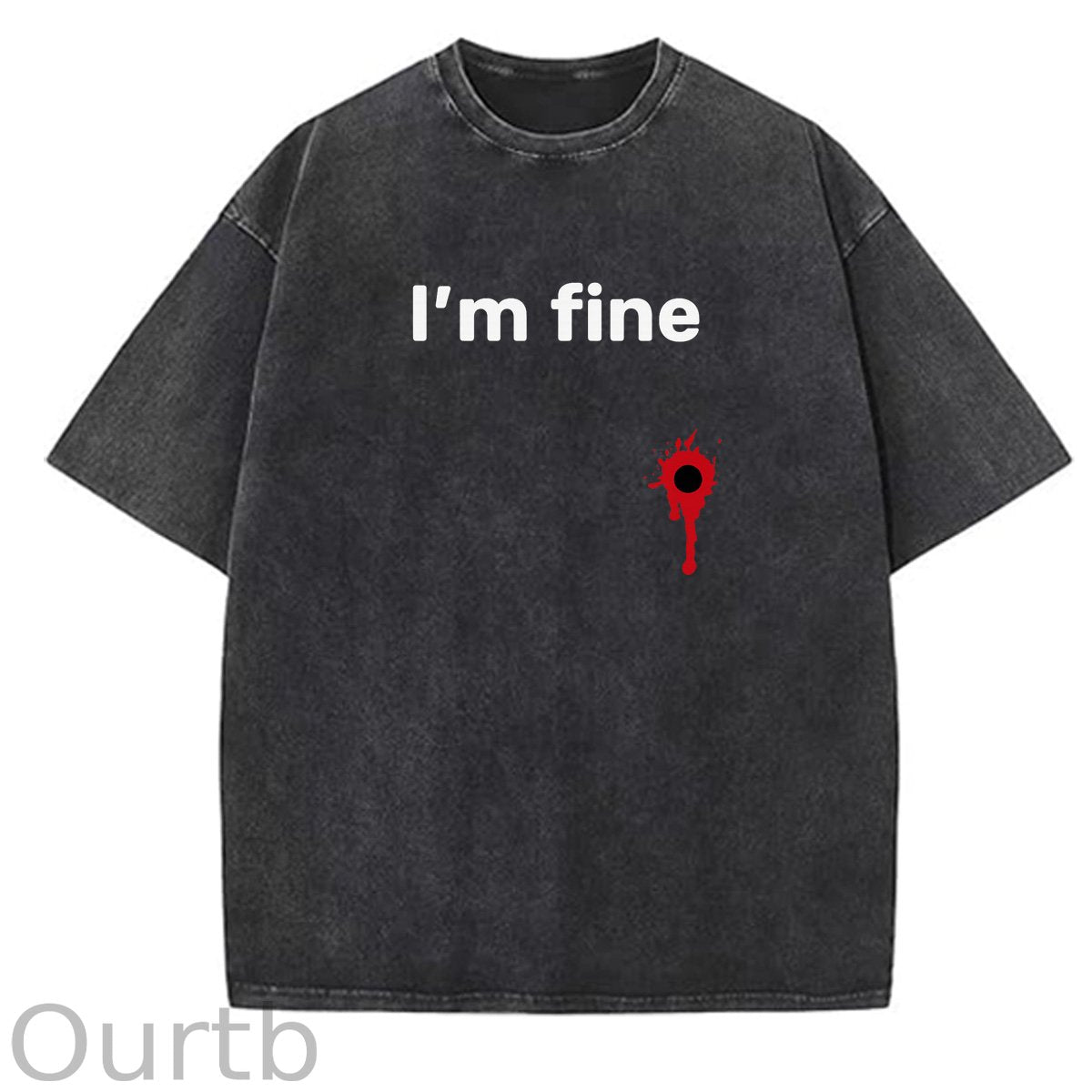 I'm Fine Pattern Washing And Aging Process Crew Neck T-Shirt