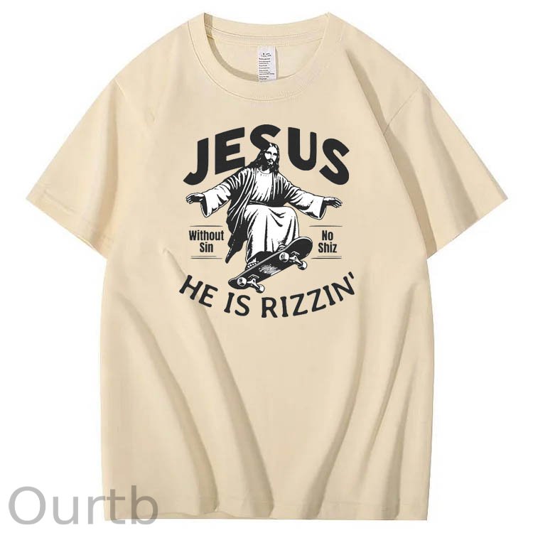 Jesus He is Rizzin' Funny Pattern Print Crew Neck T-Shirt