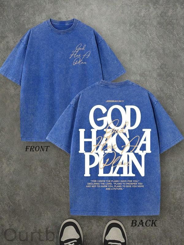 Retro Washed T-Shirt Double Sided Printed 'GOD HAS A PLAN' Letter Print Men's Casual ComfortableFashionable Street Style Cotton