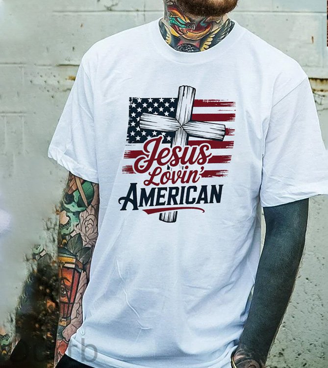 Jesus Lovin' America Pattern Print 100%Cotton T-Shirt