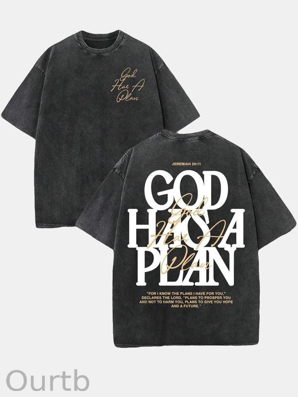Retro Washed T-Shirt Double Sided Printed 'GOD HAS A PLAN' Letter Print Men's Casual ComfortableFashionable Street Style Cotton