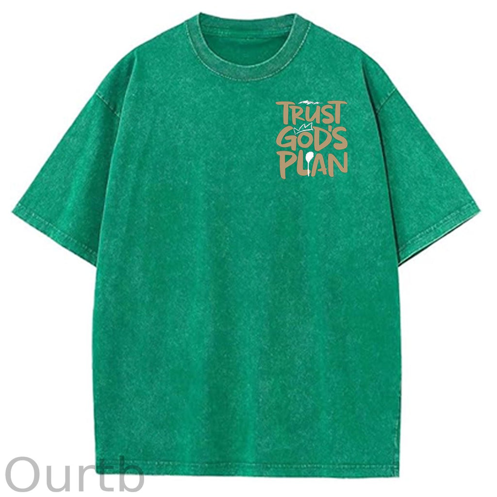 Trust God's Plan Pattern Washing And Aging Process Crew Neck T-Shirt