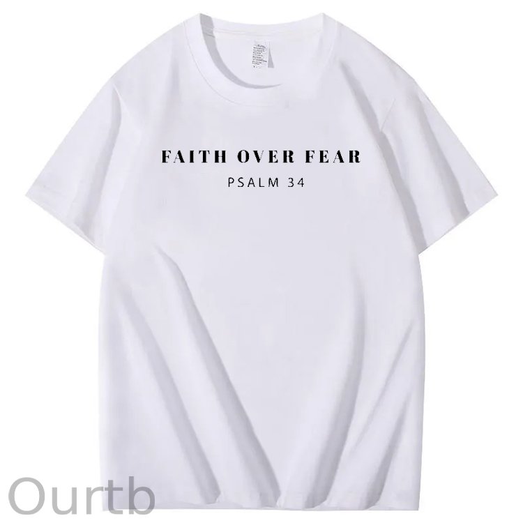 Faith Over Fear  Psalm 34 Pattern Printing Print Crew Neck T-Shirt