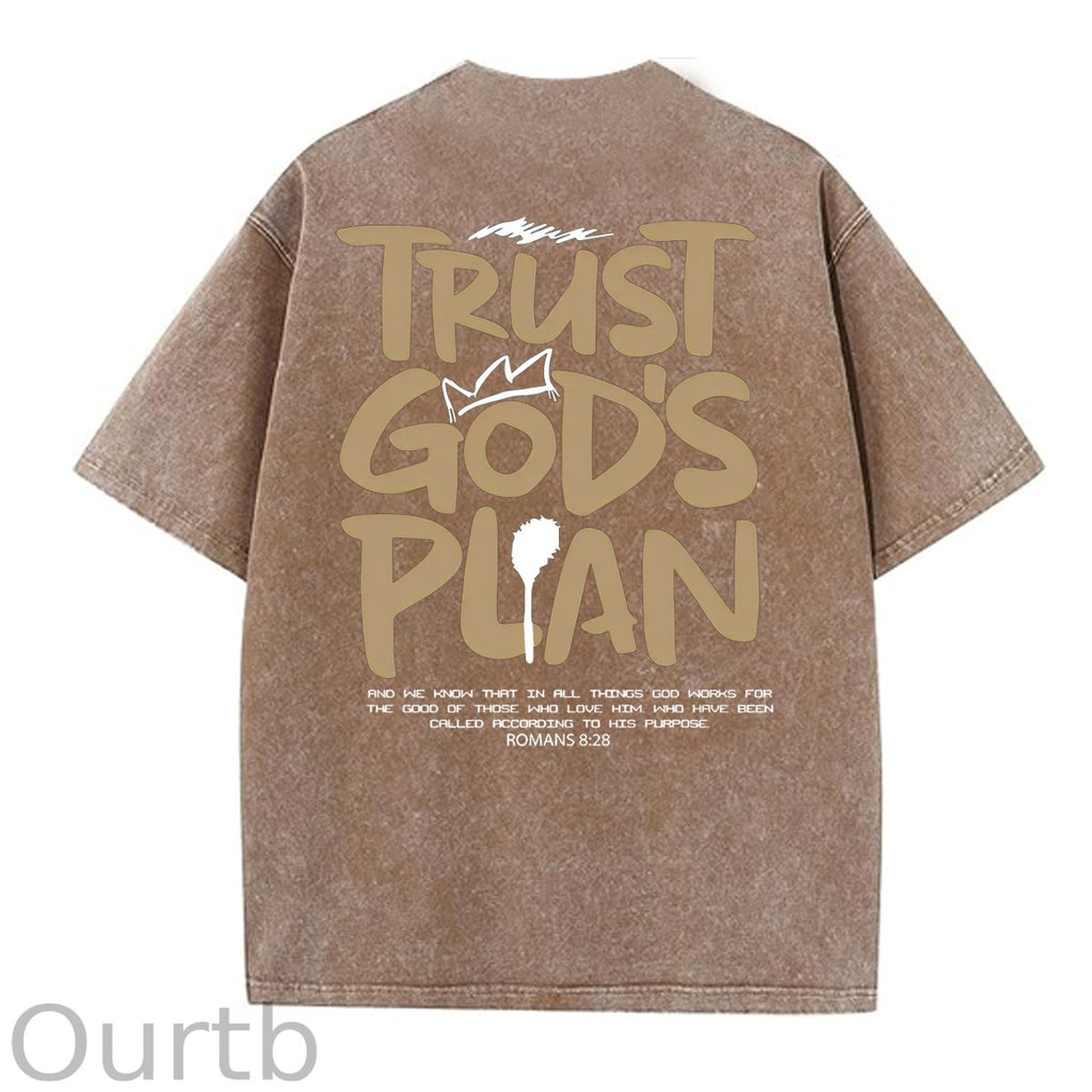 Trust God's Plan Pattern Washing And Aging Process Crew Neck T-Shirt