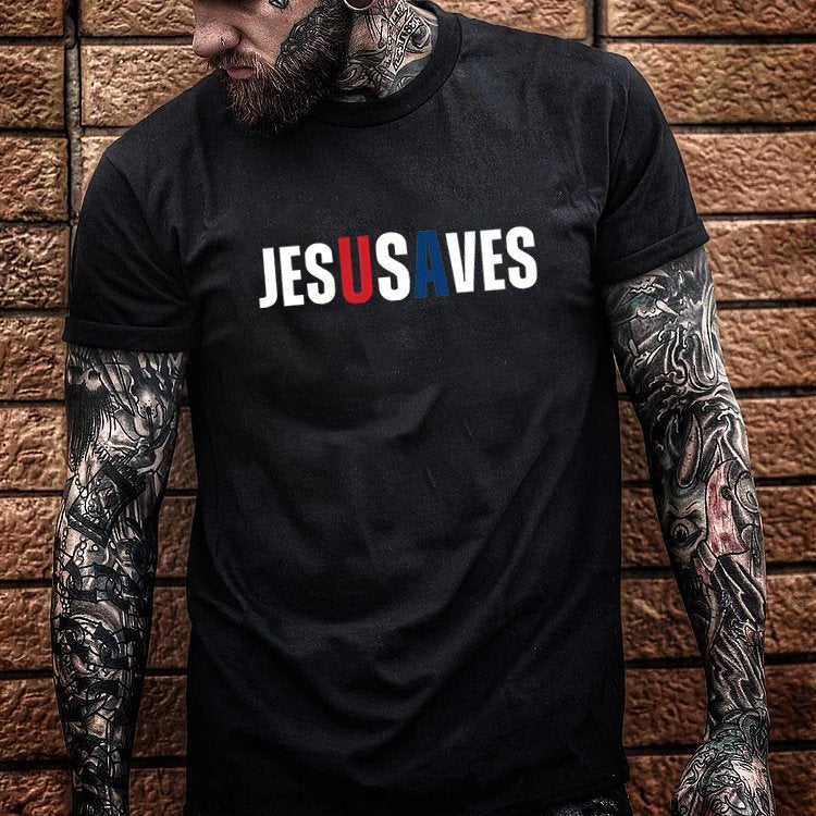 Jesus Saves Usa Pattern Print 100%Cotton T-Shirt