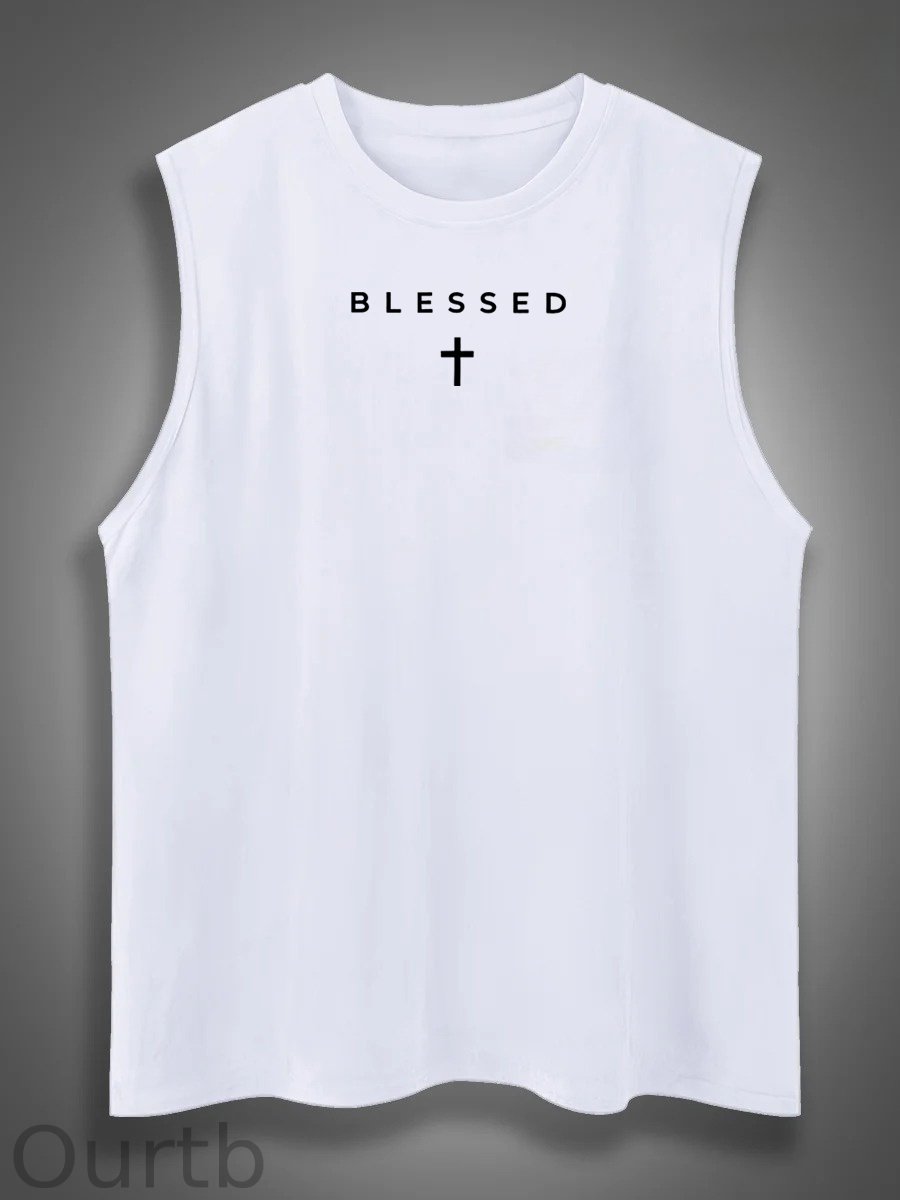 Cross Blessed Print Cotton Sleeveless Tank Tops