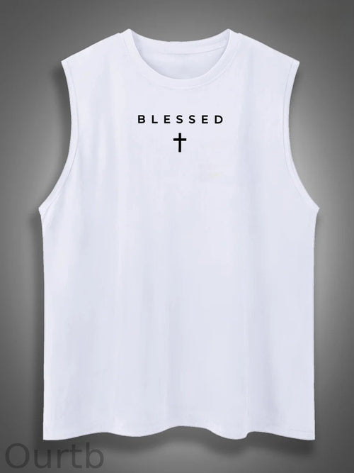 Cross Blessed Print Cotton Sleeveless Tank Tops