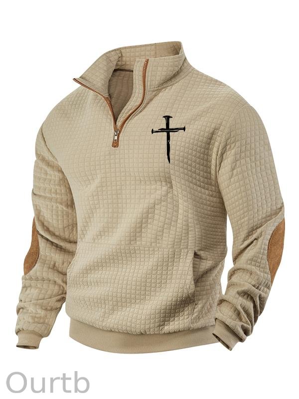 Men's Jesus Cross Print Plain Color Waffle Weave Hoodie Sweatshirt Pullover