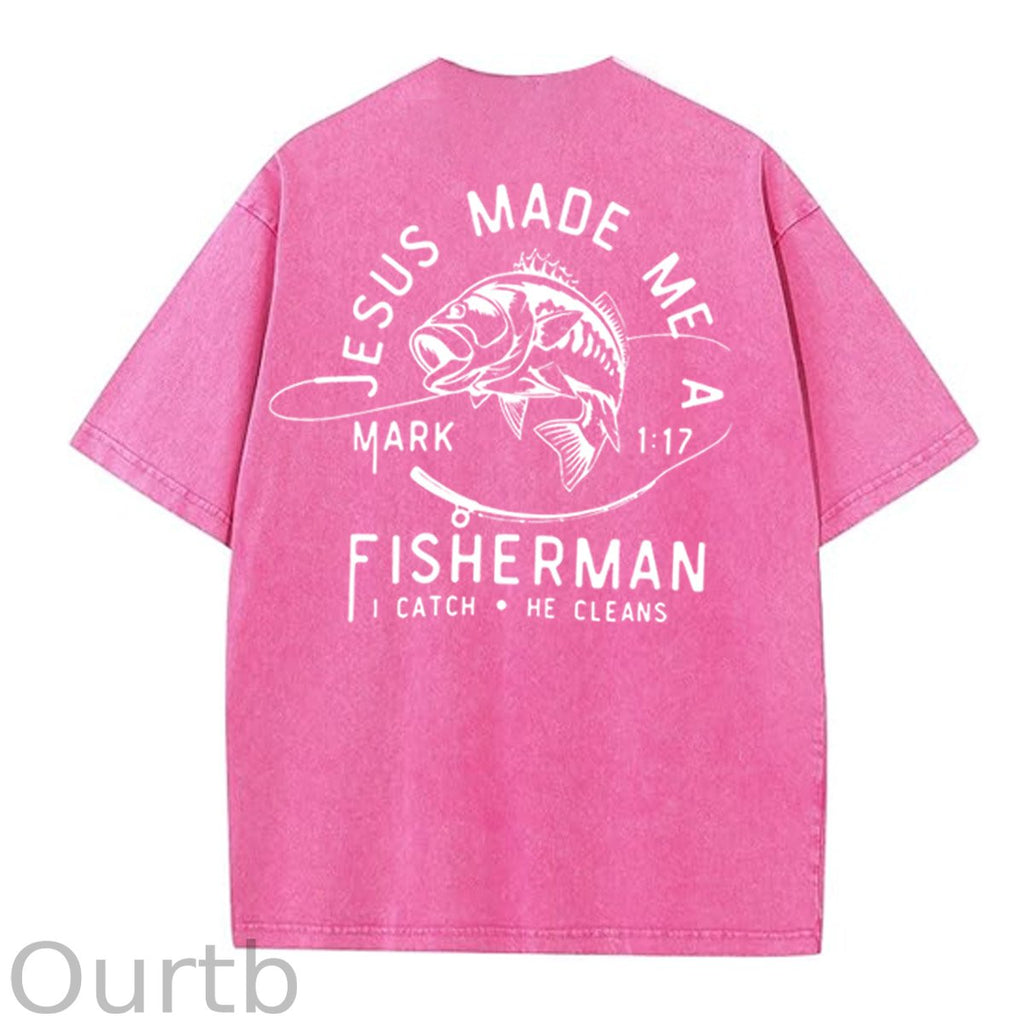 Jesus Made Me A Fisherman Pattern Washing And Aging Process Crew Neck T-Shirt