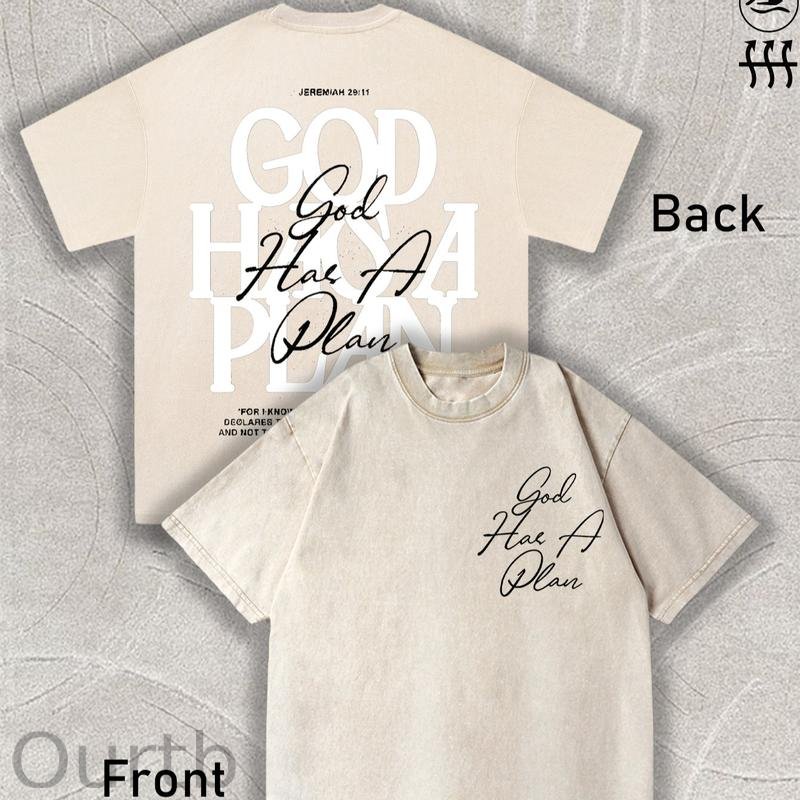 Retro Washed T-Shirt Double Sided Printed 'GOD HAS A PLAN' Letter Print Men's Casual ComfortableFashionable Street Style Cotton