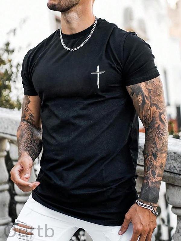 Men's Regular Fit Cross Print Short Sleeve Tee, Casual Graphic Round Neck T-Shirt for Summer, Fashion Men's Streetwear Top for Daily Wear, 90s Clothes