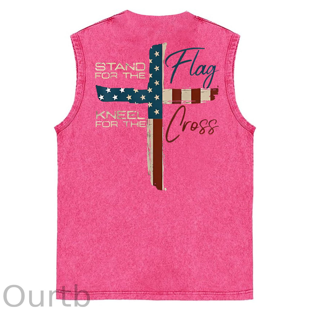 Stand For The Flag Kneel For The Cross 4th Of July Print Washed Cotton Sleeveless Tank Tops