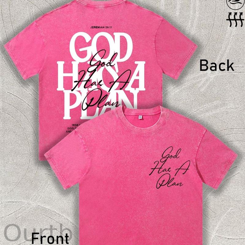Retro Washed T-Shirt Double Sided Printed 'GOD HAS A PLAN' Letter Print Men's Casual ComfortableFashionable Street Style Cotton