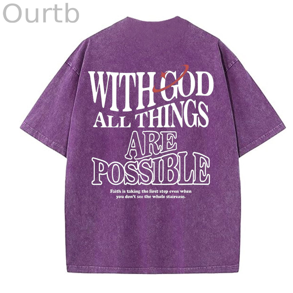 White God All Things Are Possible  Washed And Distressed Pattern Crew Neck T-Shirt