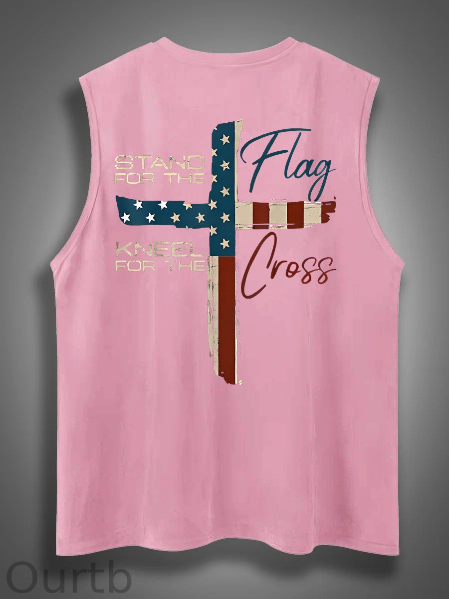 Stand For The Flag Kneel For The Cross 4th Of July Print Cotton Sleeveless Tank Tops