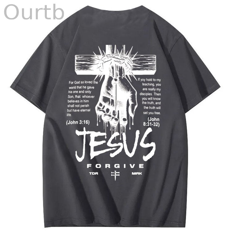 Jesus Forgive Pattern Print 100%Cotton T-Shirt