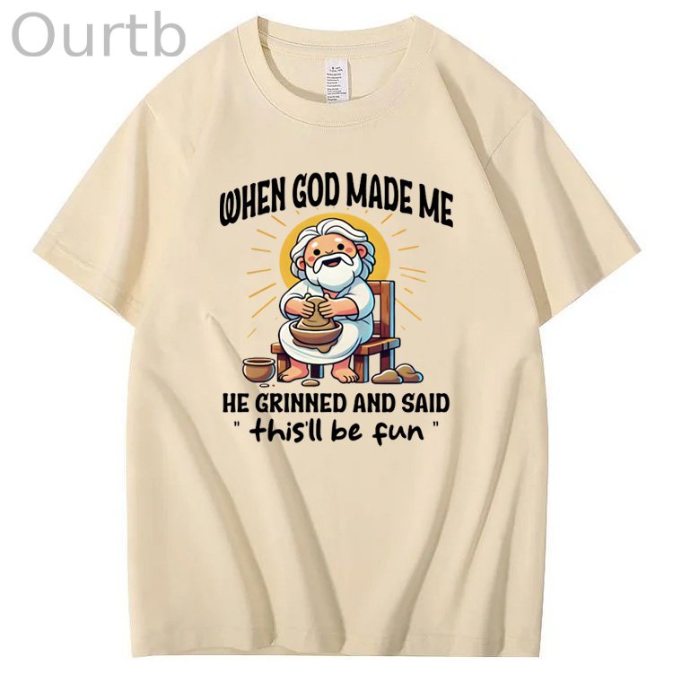 When God Made Me He Grinned And Said This'll  Be Fun Jesus Making Ceramics Pattern  Print 100%Cotton T-Shirt