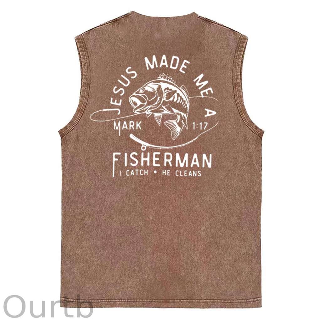 Jesus Made Me A Fisherman  Pattern Sleeveless Cotton Washed Printed Loose Vest