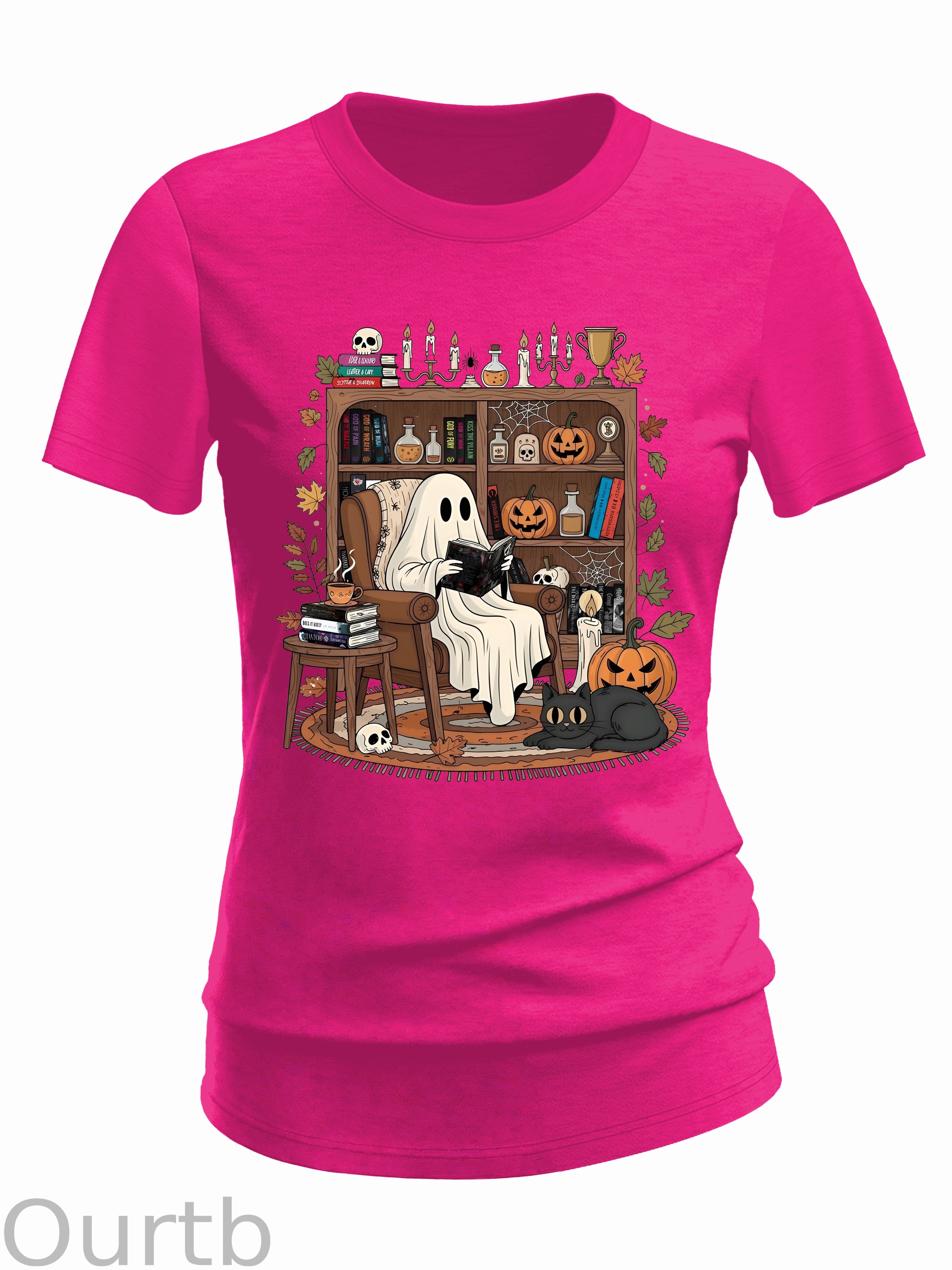 Women's Retro Cozy Ghost Reading Halloween 100% Cotton T-Shirt